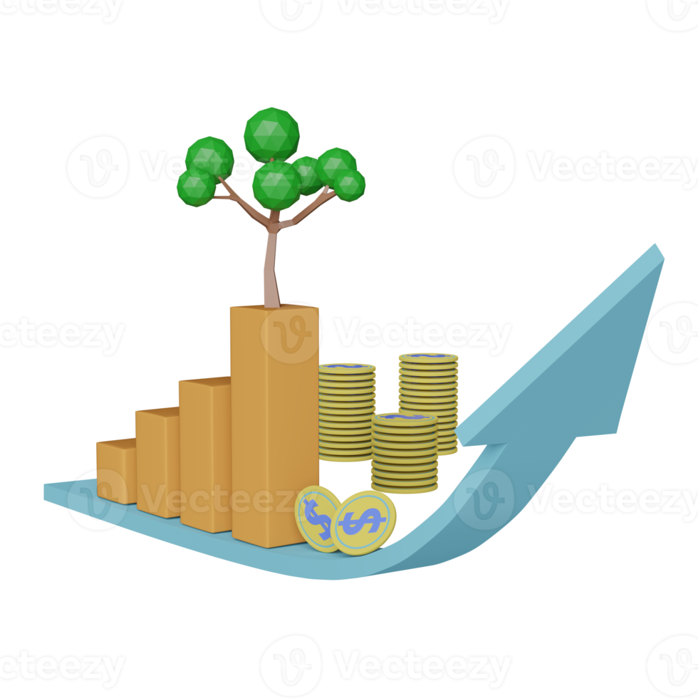 mucchio monete con albero, freccia, bar grafico isolato. finanziario successo e crescita o Salvataggio i soldi concetto, 3d illustrazione o 3d rendere png