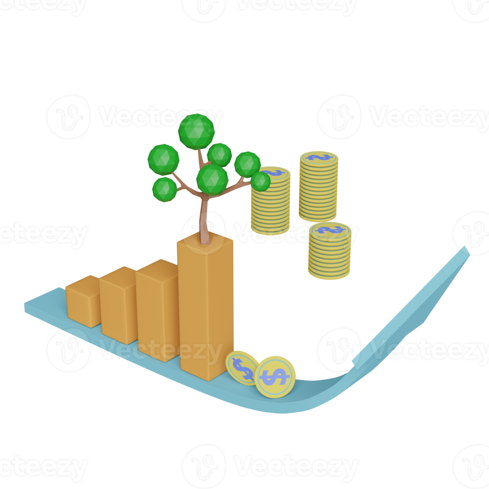 pile coins with tree, arrow, bar graph isolated. financial success and growth or saving money concept, 3d illustration or 3d render png