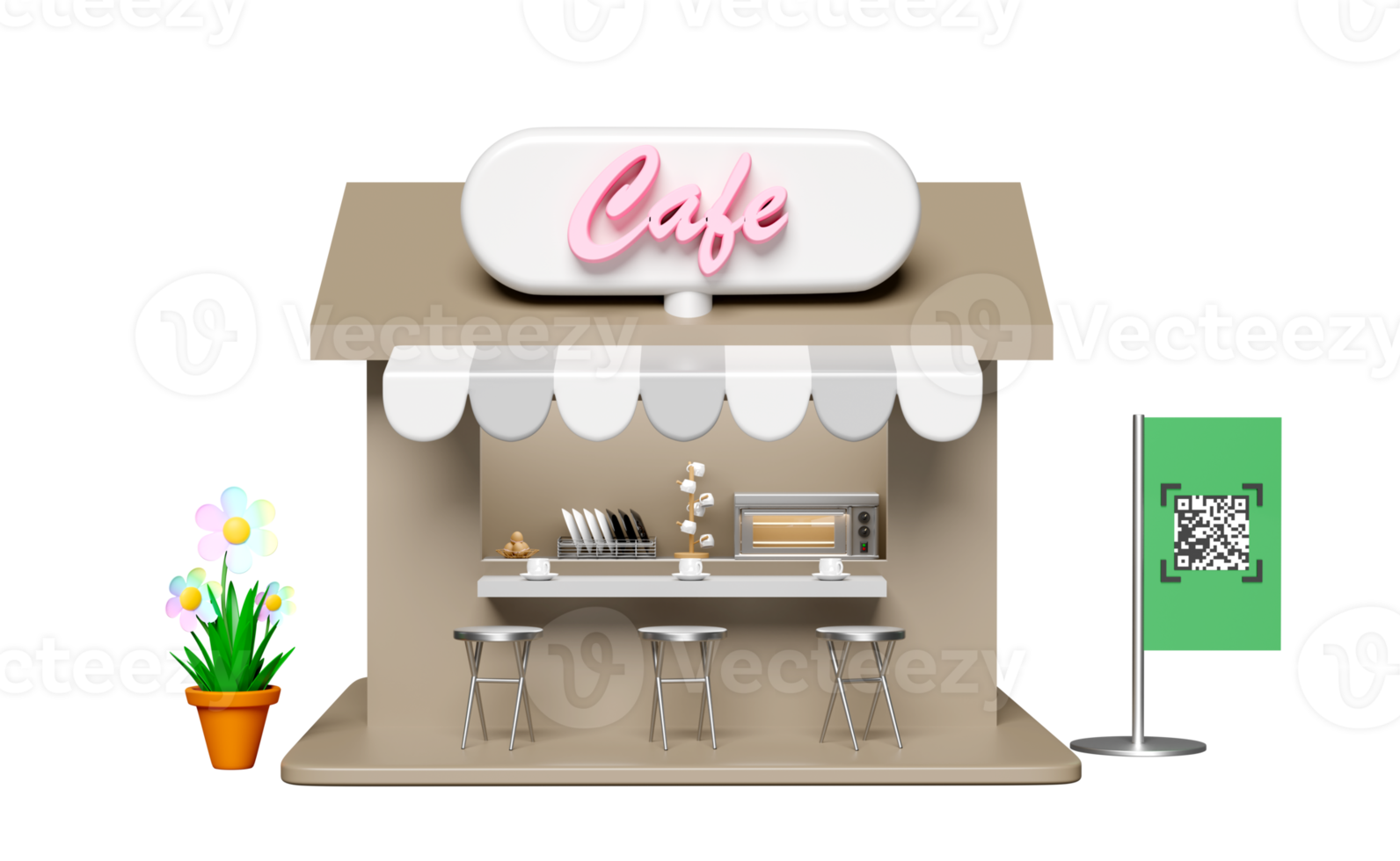 Letrero frontal de tienda 3d, cafetería con silla, escaneo de código qr, maceta aislada. concepto de compras en línea, renderizado de ilustración 3d png