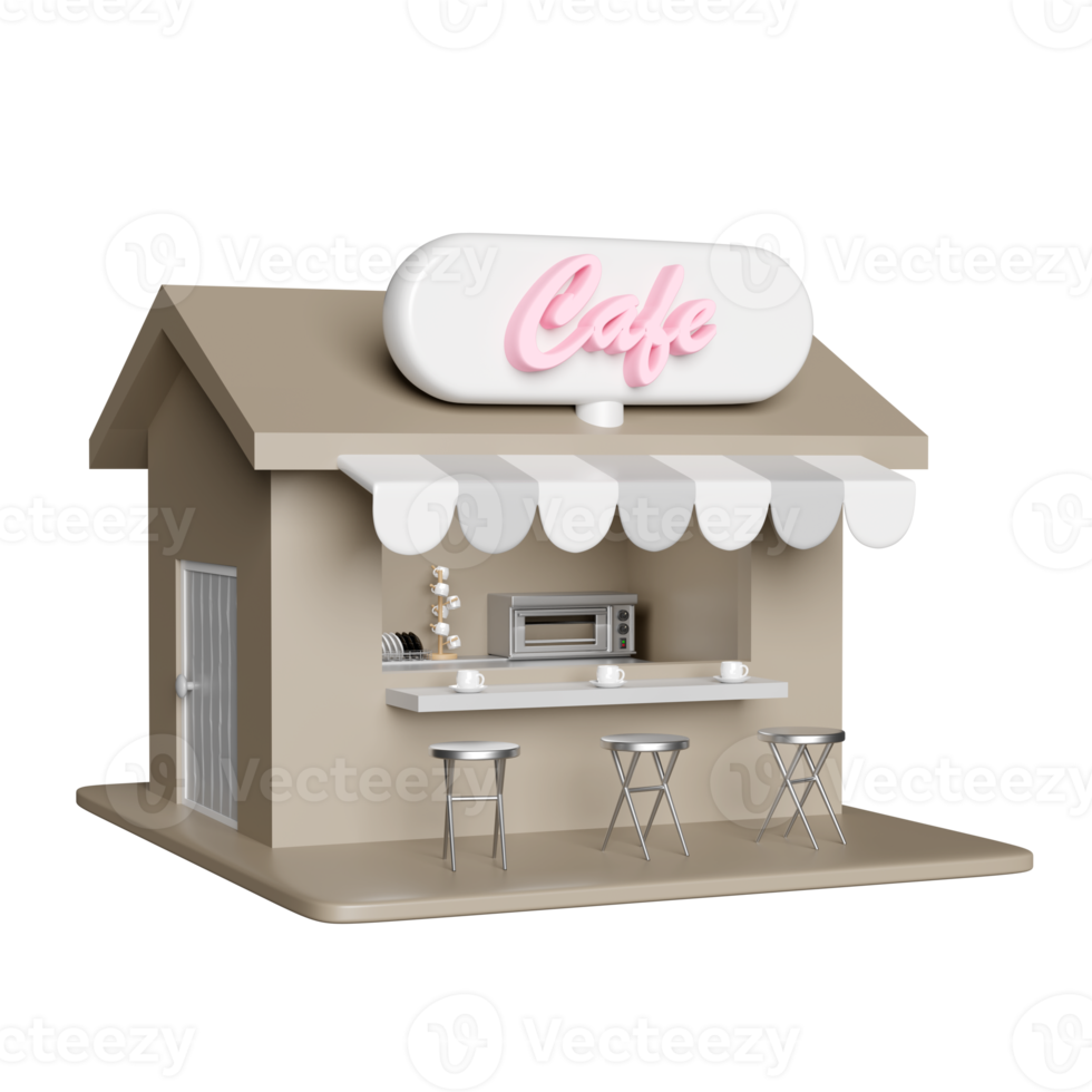 3d store front sign, coffee shop with chair, electric oven, cup drying rack isolated. online shopping concept, 3d illustration render png