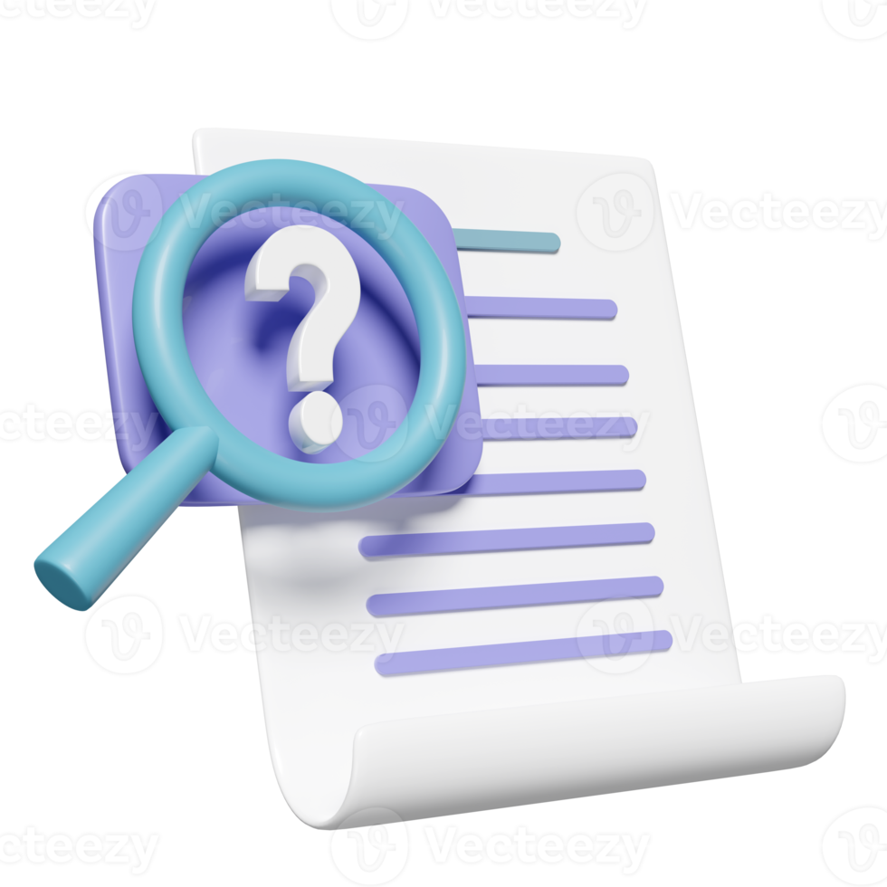 3d question mark symbol with Id card magnifying, checklist, clipboard isolated. recruitment staff, human resources, job search, job application concept, 3d render illustration png