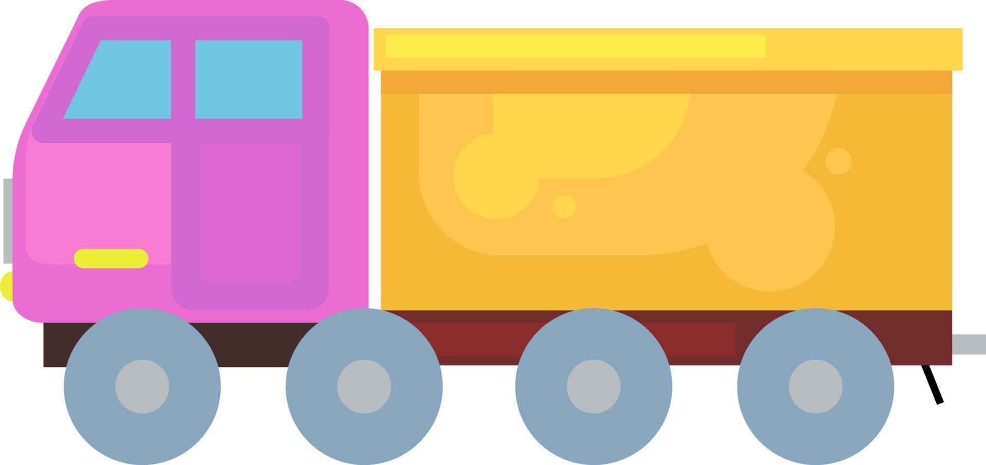 Pink and yellow toy truck, illustration, vector on a white background.