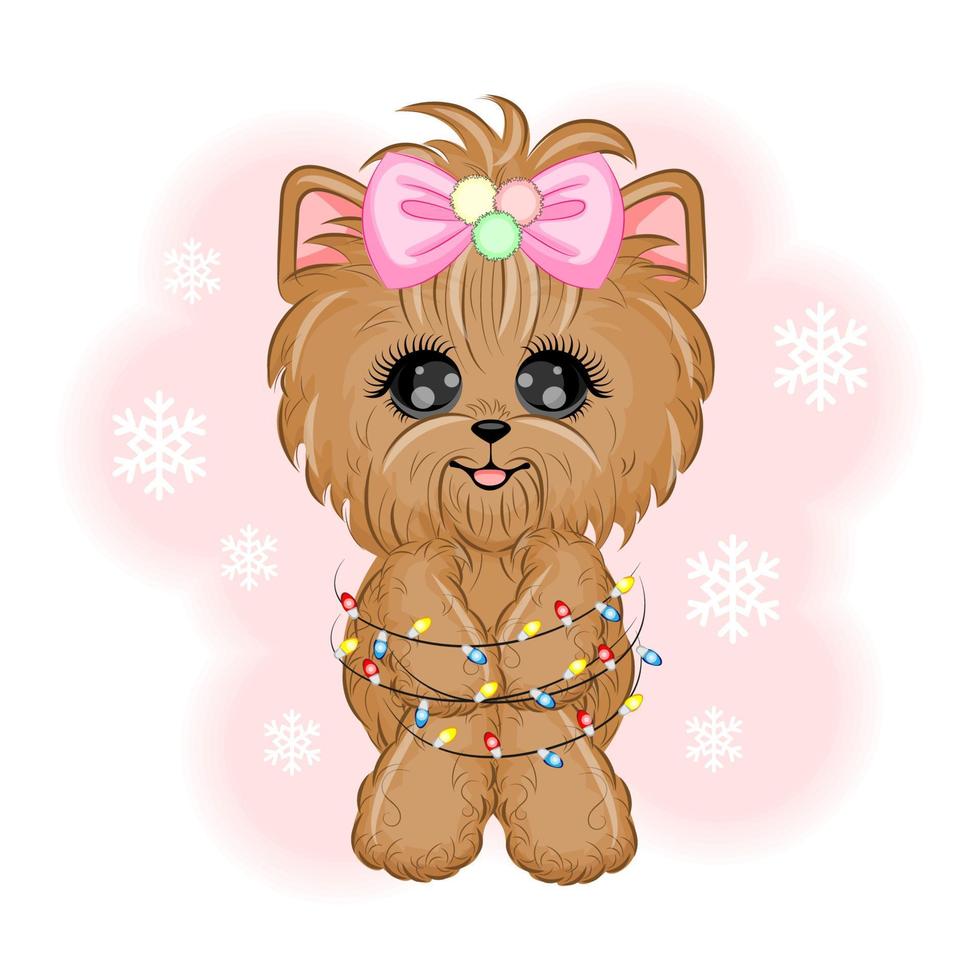 Cute dog Yorkshire Terrier with garland vector illustration