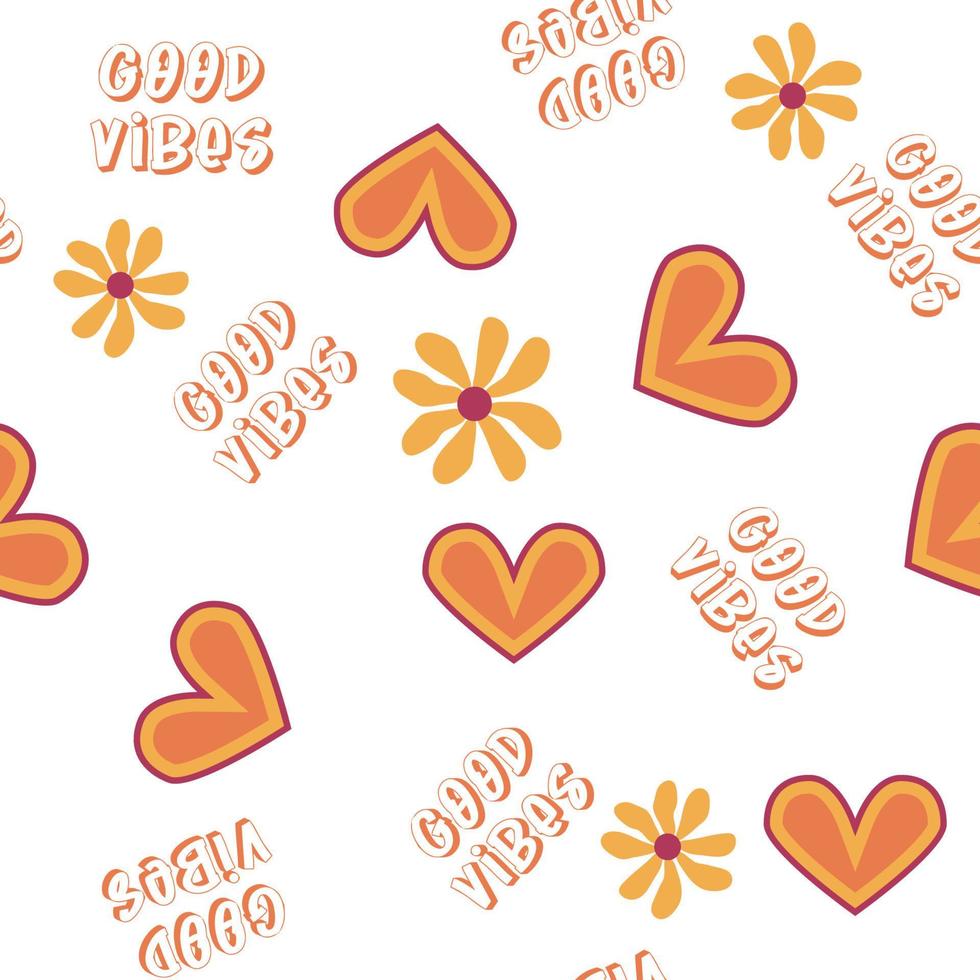 Love heart, daisies, waves of positivity retro 70s seamless pattern. Yellow, orange, red scattered heart shapes on a swirling background vector