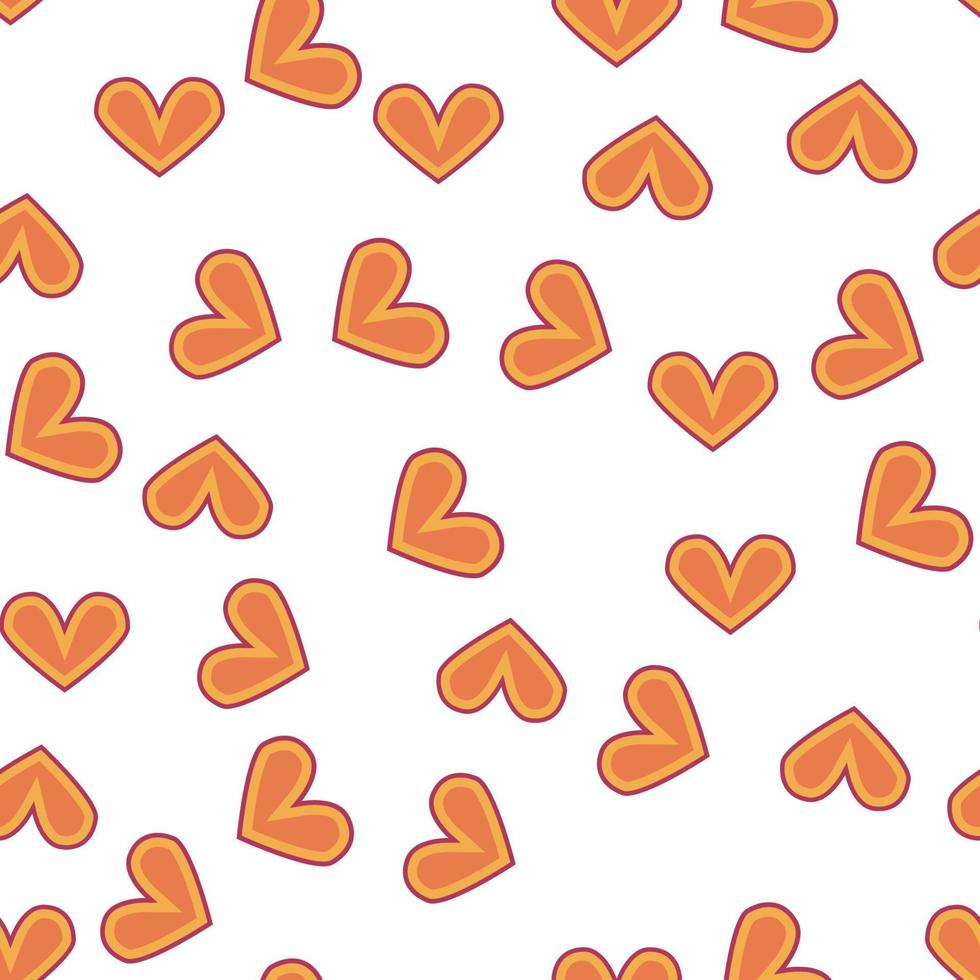 Love heart, daisies, waves of positivity retro 70s seamless pattern. Yellow, orange, red scattered heart shapes on a swirling background vector