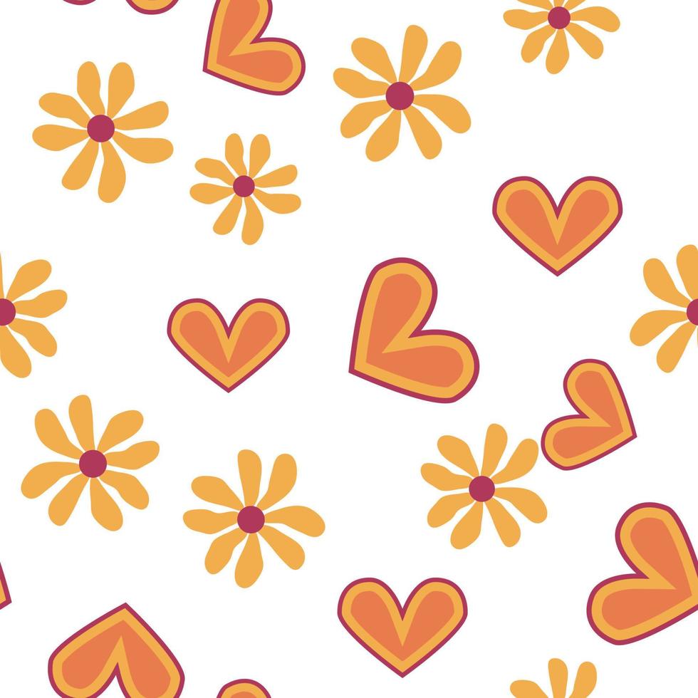 Love heart, daisies, waves of positivity retro 70s seamless pattern. Yellow, orange, red scattered heart shapes on a swirling background vector