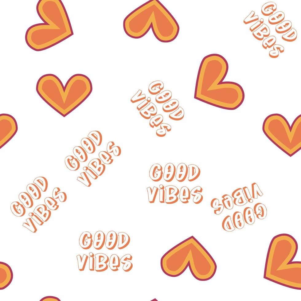 Love heart, daisies, waves of positivity retro 70s seamless pattern. Yellow, orange, red scattered heart shapes on a swirling background vector