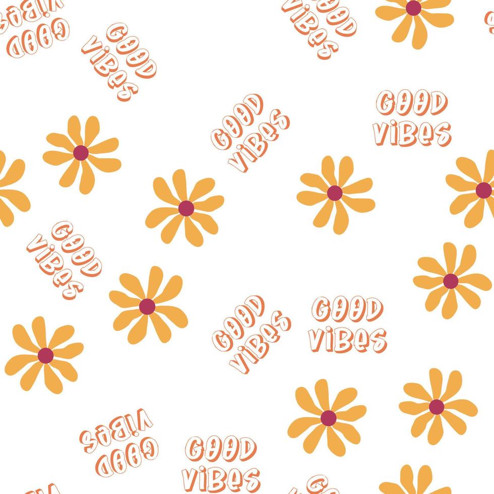 Love heart, daisies, waves of positivity retro 70s seamless pattern. Yellow, orange, red scattered heart shapes on a swirling background vector
