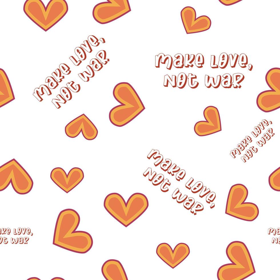 Love heart, daisies, waves of positivity retro 70s seamless pattern. Yellow, orange, red scattered heart shapes on a swirling background vector