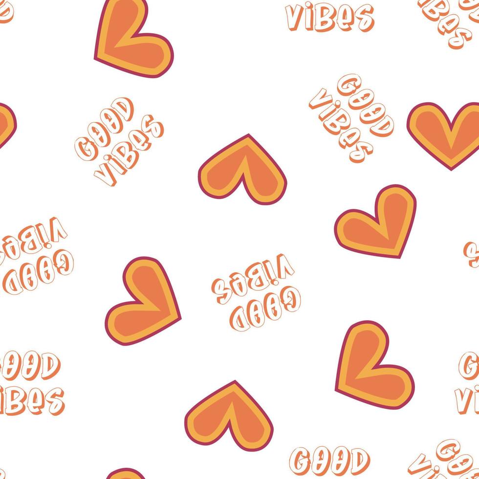 Love heart, daisies, waves of positivity retro 70s seamless pattern. Yellow, orange, red scattered heart shapes on a swirling background vector