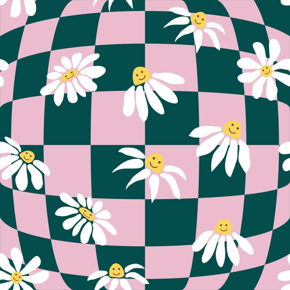 Retro Smile Chamomile Seamless Pattern on 1970 Wavy Swirl Seamless Pattern. Hippie Aesthetic. vector