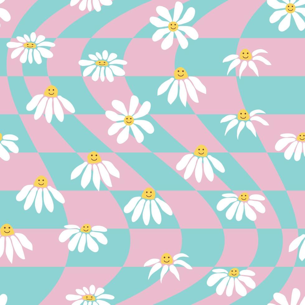 Retro Smile Chamomile Seamless Pattern on 1970 Wavy Swirl Seamless Pattern. Hippie Aesthetic. vector