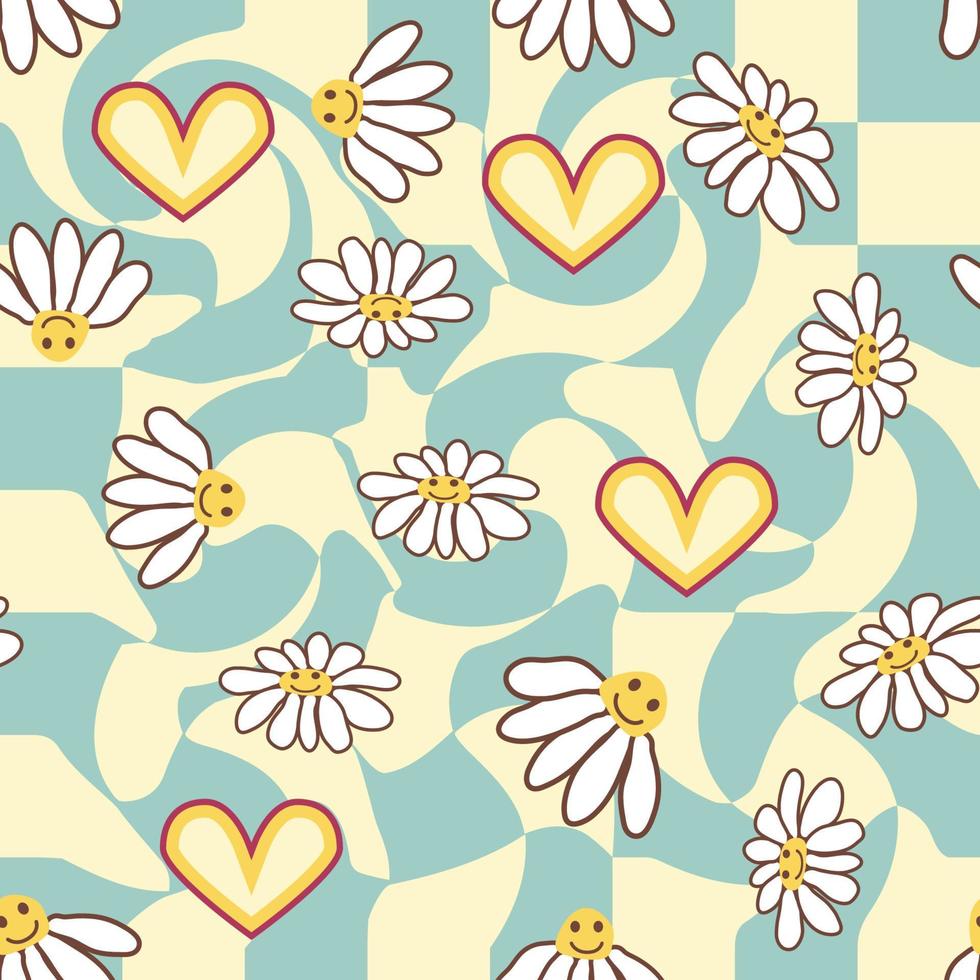 Retro Smile Chamomile Seamless Pattern on 1970 Wavy Swirl Seamless Pattern. Hippie Aesthetic. vector