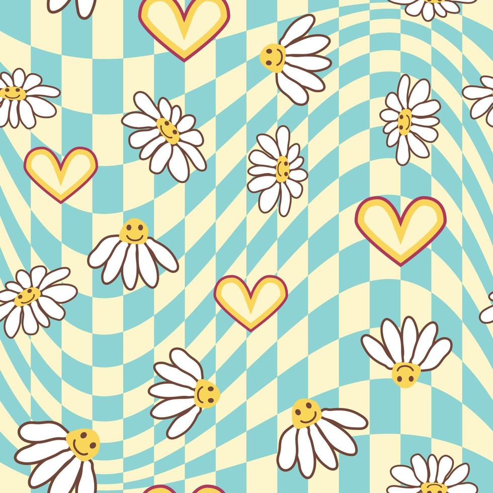 Retro Smile Chamomile Seamless Pattern on 1970 Wavy Swirl Seamless Pattern. Hippie Aesthetic. vector
