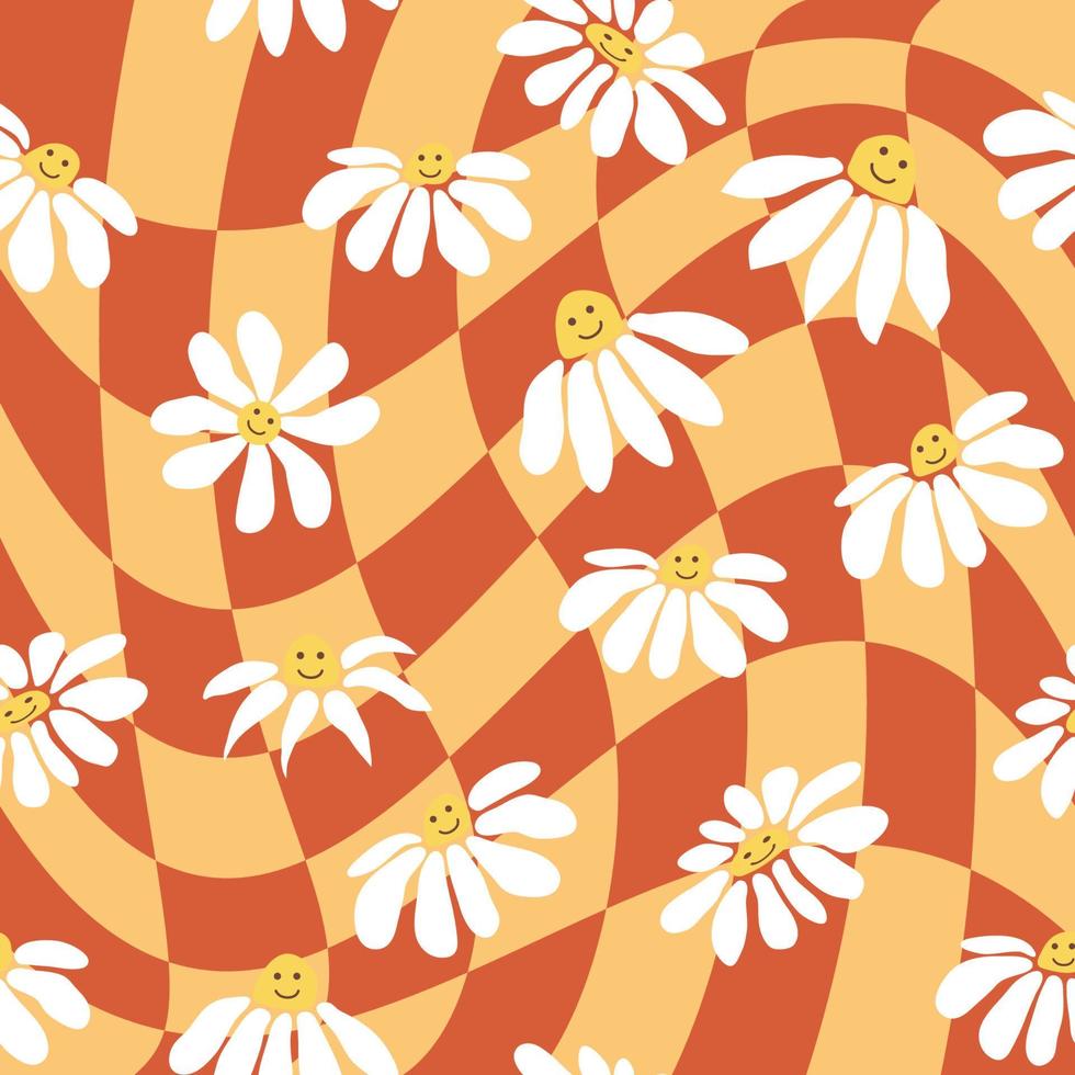 Retro Smile Chamomile Seamless Pattern on 1970 Wavy Swirl Seamless Pattern. Hippie Aesthetic. vector