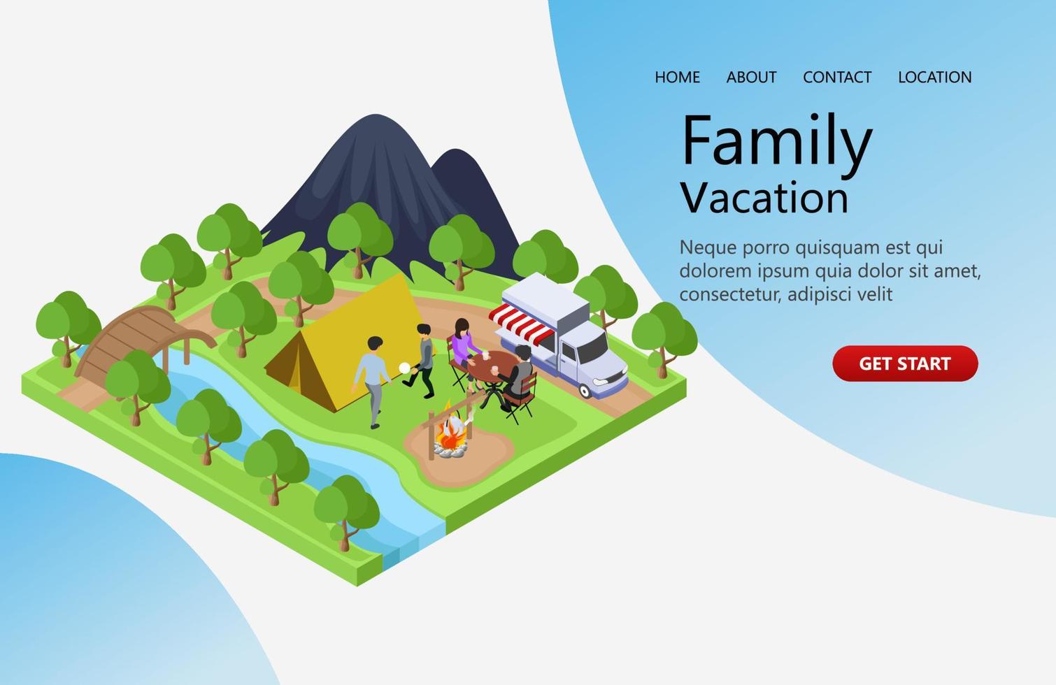 ilustración de un campamento familiar con fogata y carpa adecuada para la página de destino, volantes, infografías y otros vectores de activos relacionados con gráficos