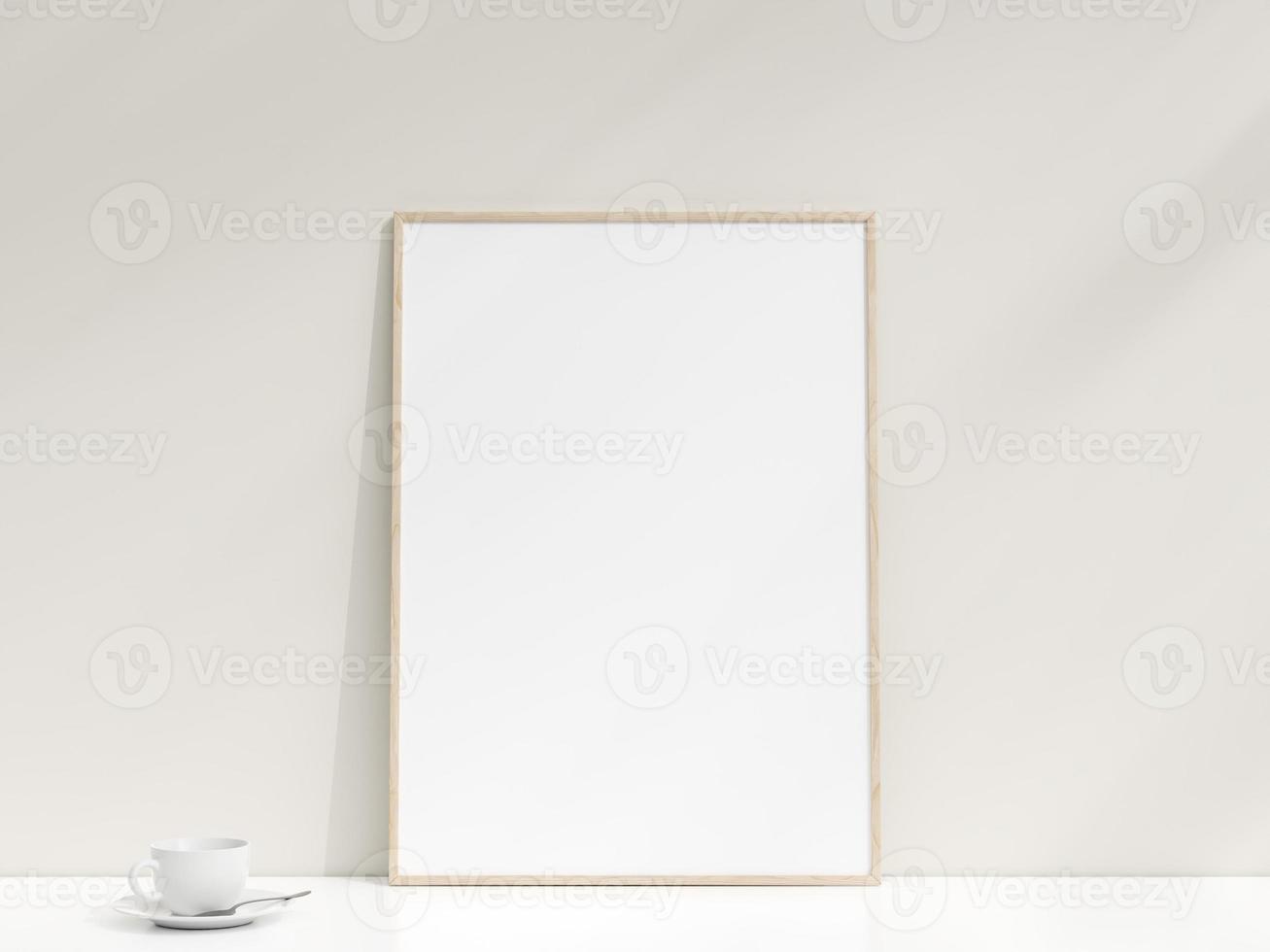 Interior poster mockup with photo frame leaning against the white wall. Minimalist photo frame mockup. Empty frame stands on white table. 3d rendering.