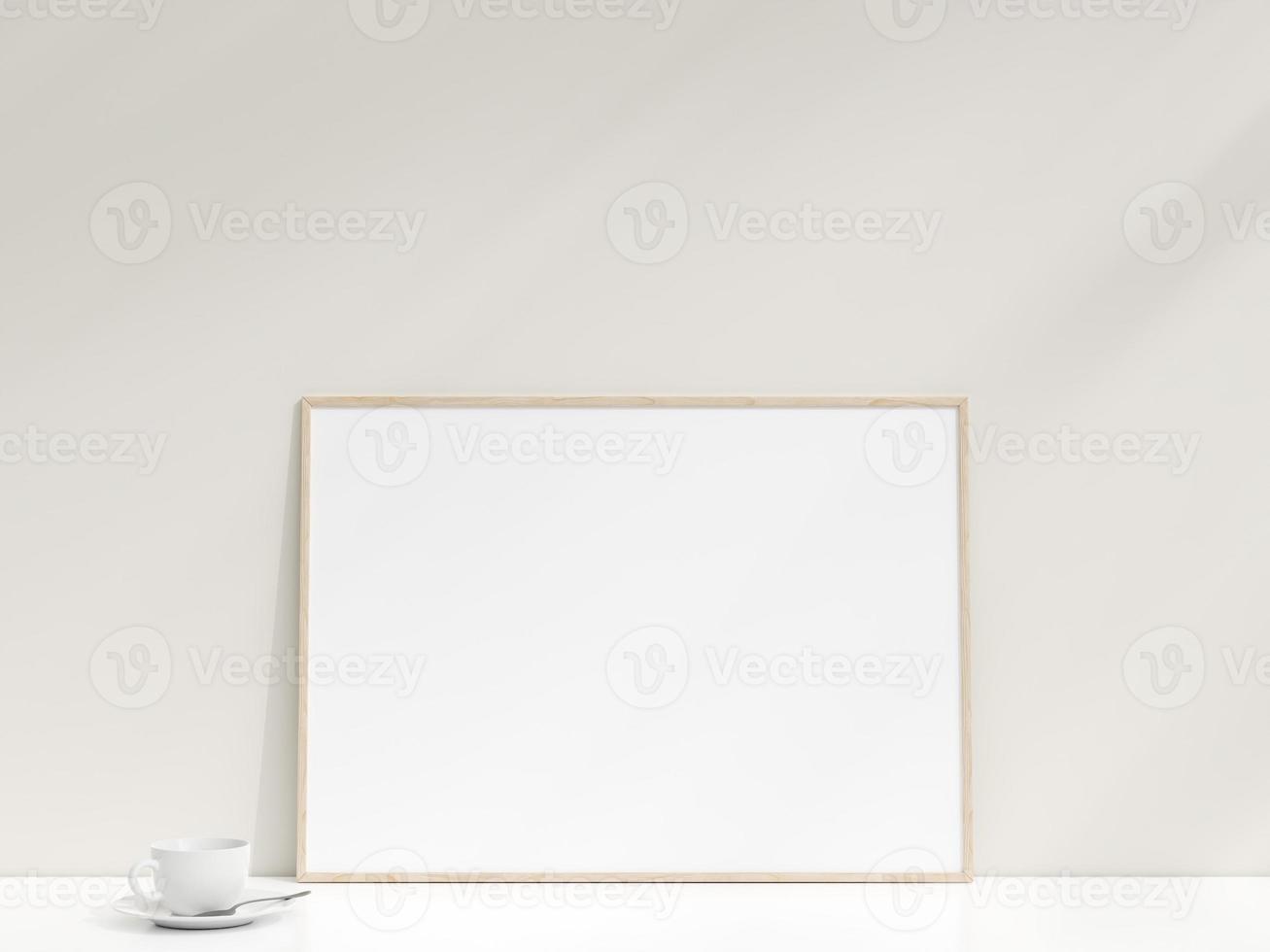 Interior poster mockup with photo frame leaning against the white wall. Minimalist photo frame mockup. Empty frame stands on white table. 3d rendering.
