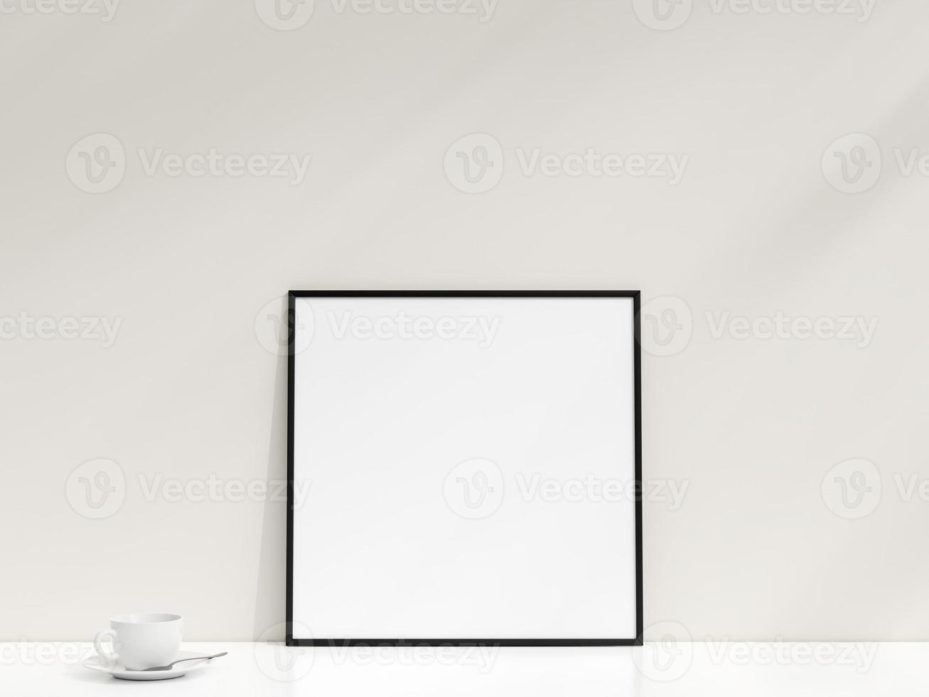 Interior poster mockup with photo frame leaning against the white wall. Minimalist photo frame mockup. Empty frame stands on white table. 3d rendering.