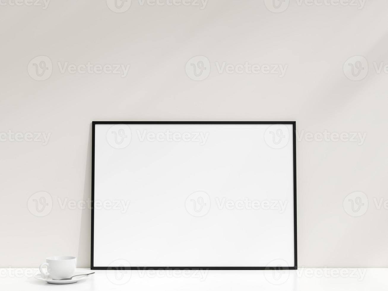 Interior poster mockup with photo frame leaning against the white wall. Minimalist photo frame mockup. Empty frame stands on white table. 3d rendering.