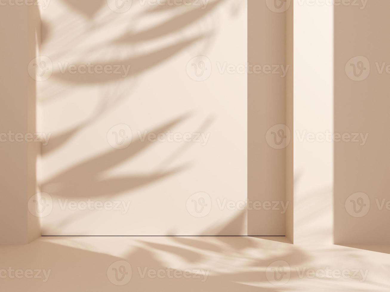 Natural shadow on a beige wall background for product presentation. Silhouette on beige background. Luxury summer architecture interior aesthetic. Modern tropical mockup design. 3d rendering. photo