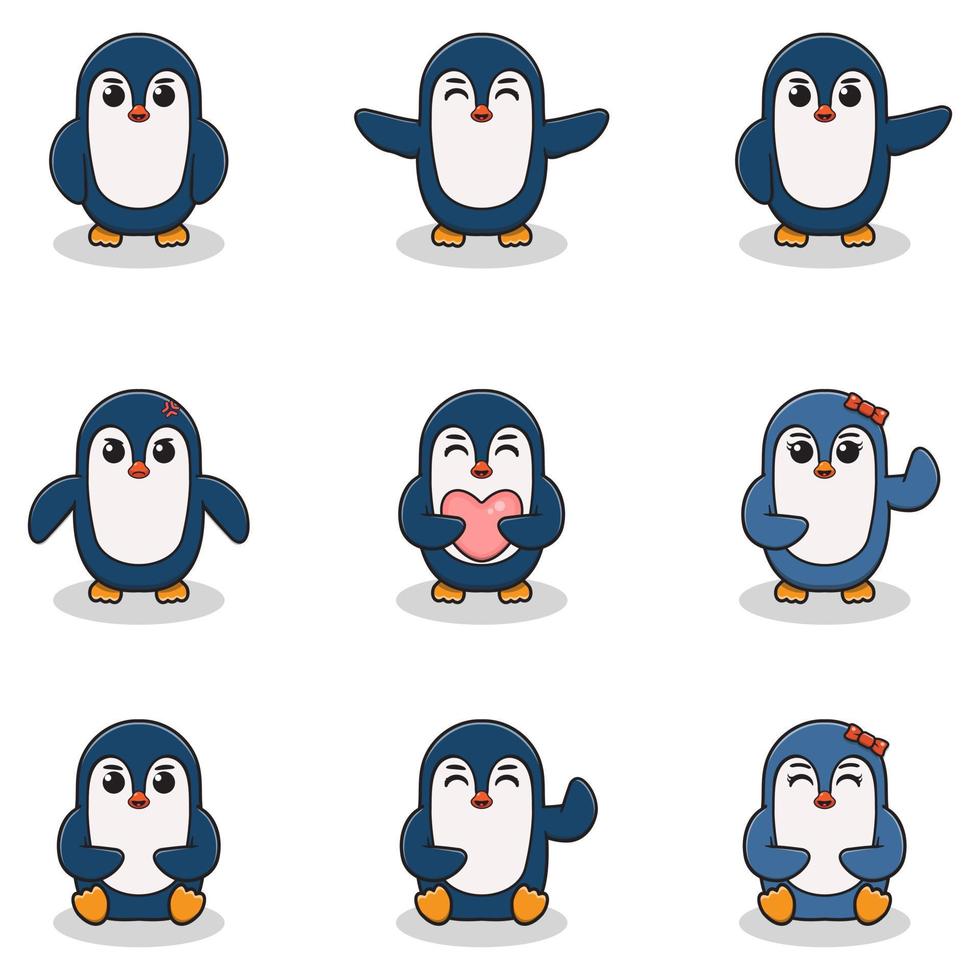 conjunto de ilustraciones vectoriales de dibujos animados de pingüinos. paquete de lindo juego de pingüinos. conjunto de animales. personajes aislados de dibujos animados y vectores. una colección de animales al estilo de los niños. vector