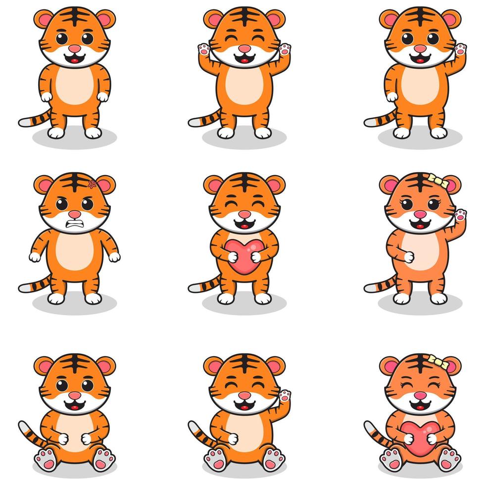 conjunto de ilustración vectorial de dibujos animados de tigre. paquete de lindo juego de tigre. conjunto de animales. personajes aislados de dibujos animados y vectores. una colección de animales al estilo de los niños. vector