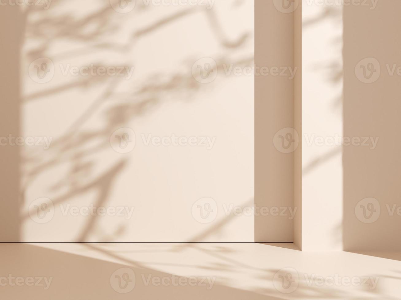 Natural shadow on a beige wall background for product presentation. Silhouette on beige background. Luxury summer architecture interior aesthetic. Modern tropical mockup design. 3d rendering. photo