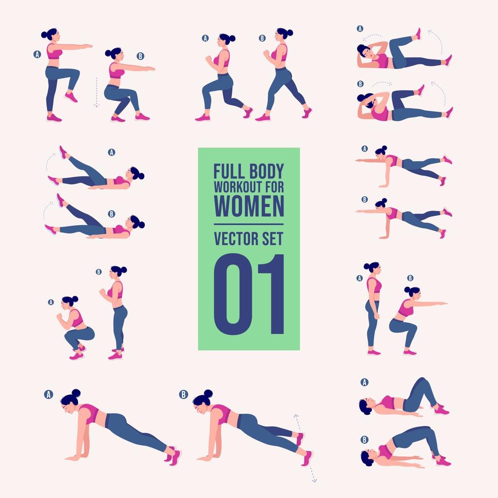 Women Workout Set. Women doing fitness and yoga exercises. Lunges, Pushups, Squats, Dumbbell rows, Burpees, Side planks, Situ ps, Glute bridge, Leg Raise, Russian Twist, Side Crunch .etc vector