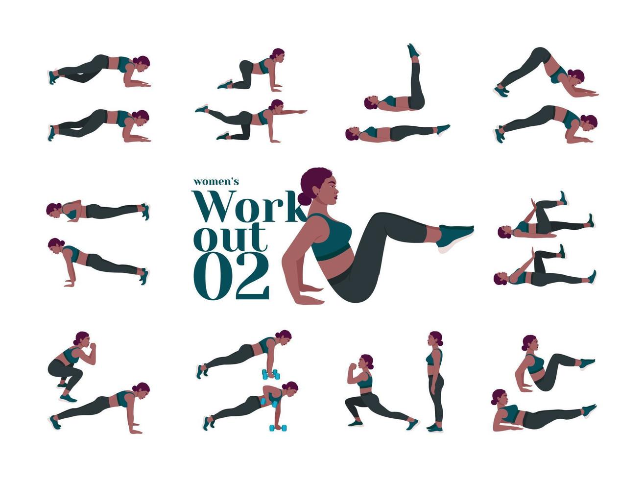 Women Workout Set. Women doing fitness and yoga exercises. Lunges, Pushups, Squats, Dumbbell rows, Burpees, Side planks, Situ ps, Glute bridge, Leg Raise, Russian Twist, Side Crunch .etc vector