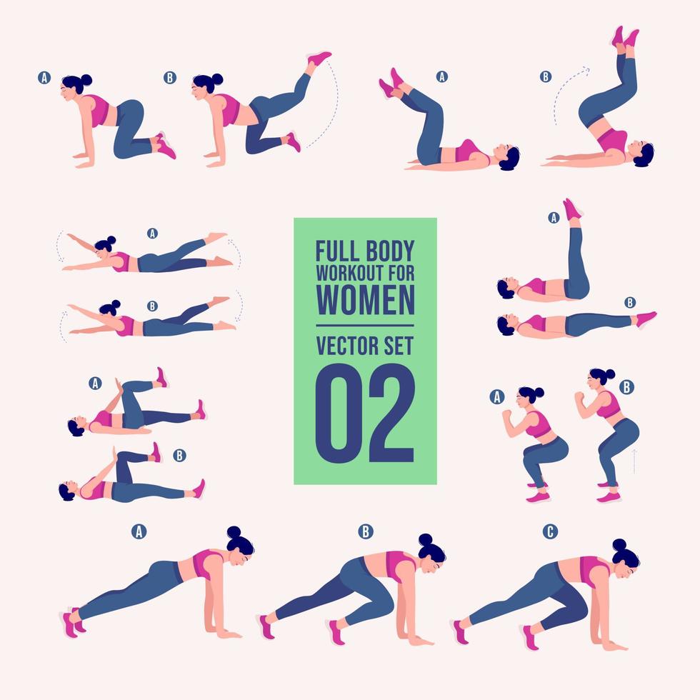 Women Workout Set. Women doing fitness and yoga exercises. Lunges, Pushups, Squats, Dumbbell rows, Burpees, Side planks, Situ ps, Glute bridge, Leg Raise, Russian Twist, Side Crunch .etc vector