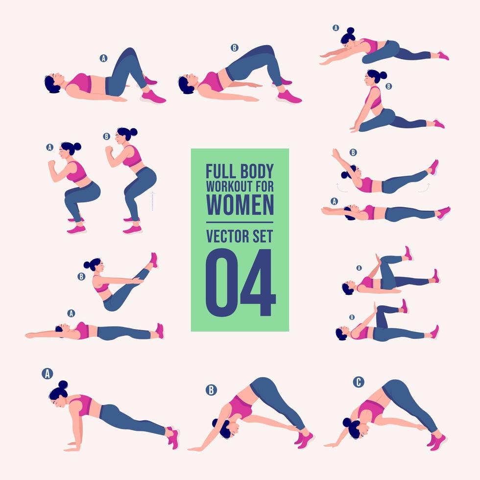 Women Workout Set. Women doing fitness and yoga exercises. Lunges, Pushups, Squats, Dumbbell rows, Burpees, Side planks, Situ ps, Glute bridge, Leg Raise, Russian Twist, Side Crunch .etc vector