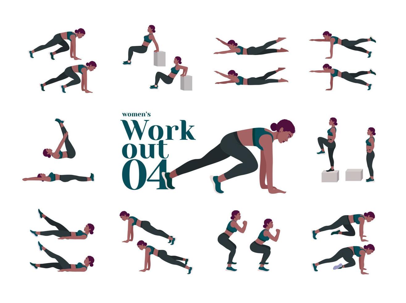 Women Workout Set. Women doing fitness and yoga exercises. Lunges, Pushups, Squats, Dumbbell rows, Burpees, Side planks, Situ ps, Glute bridge, Leg Raise, Russian Twist, Side Crunch .etc vector