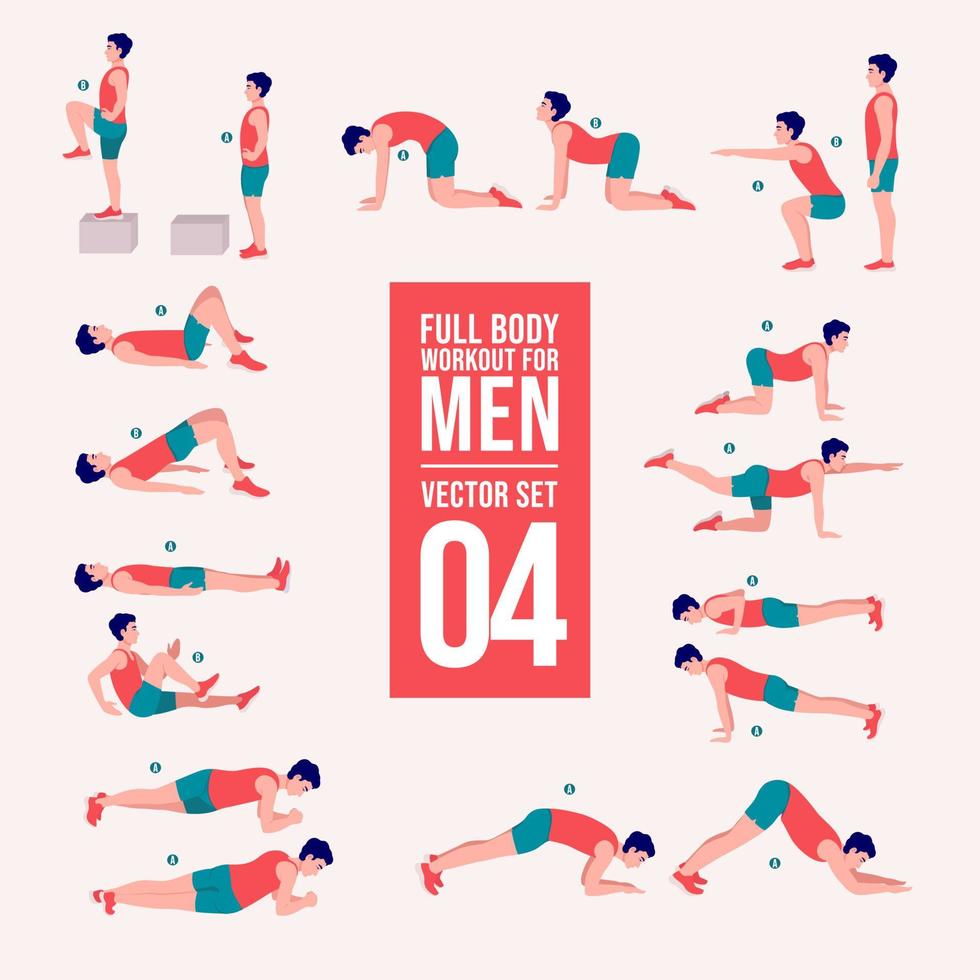 conjunto de hombres de entrenamiento. hombre haciendo ejercicios de fitness y yoga. estocadas y sentadillas, tablones y abc. entrenamiento de cuerpo completo. vector