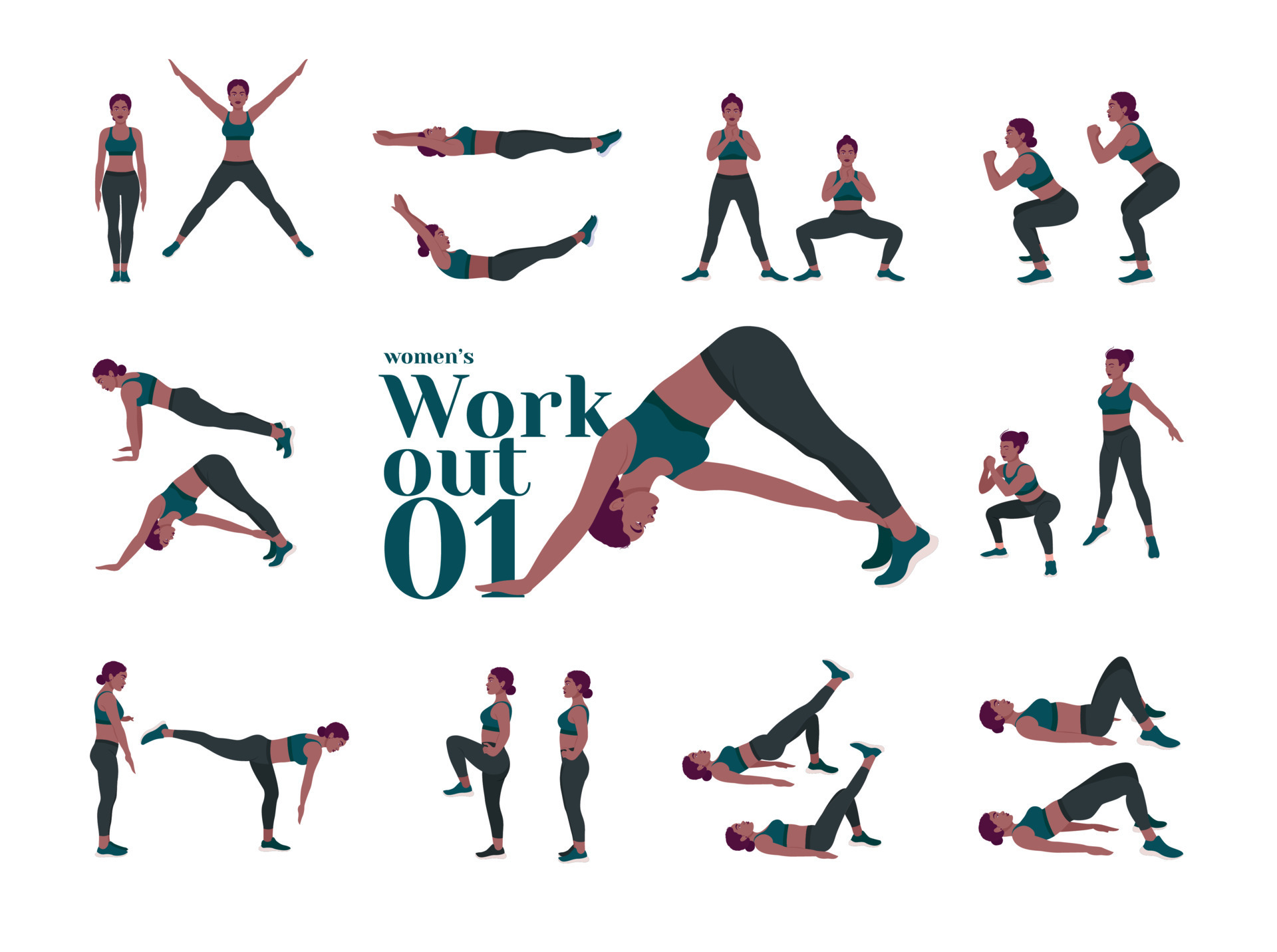 Women Workout Set. Women doing fitness and yoga exercises. Lunges, Pushups,  Squats, Dumbbell rows, Burpees, Side planks, Situ ps, Glute bridge, Leg  Raise, Russian Twist, Side Crunch .etc 13794567 Vector Art at