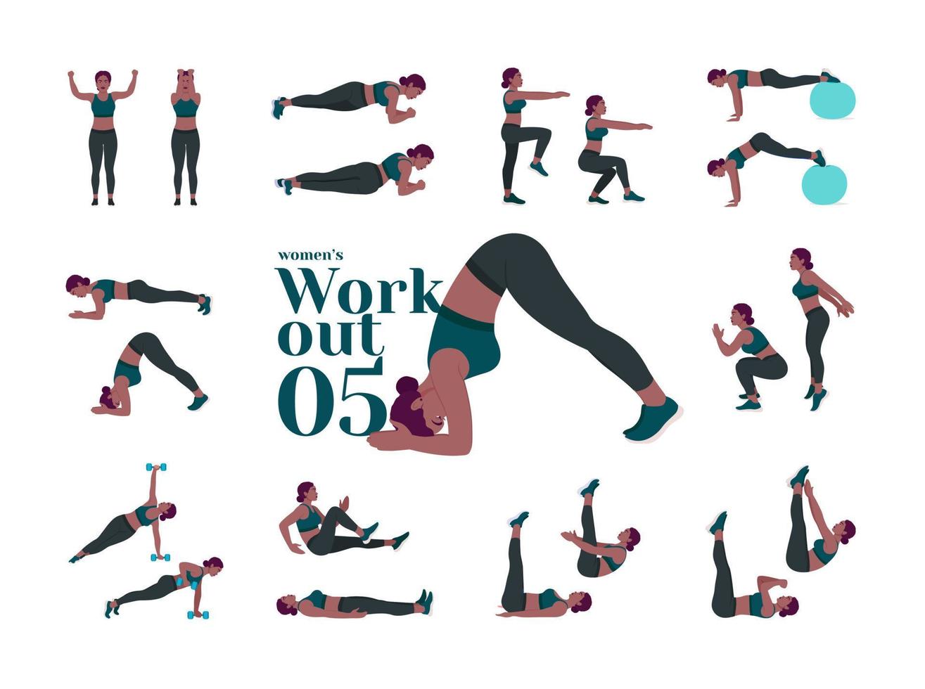 Women Workout Set. Women doing fitness and yoga exercises. Lunges, Pushups, Squats, Dumbbell rows, Burpees, Side planks, Situ ps, Glute bridge, Leg Raise, Russian Twist, Side Crunch .etc vector