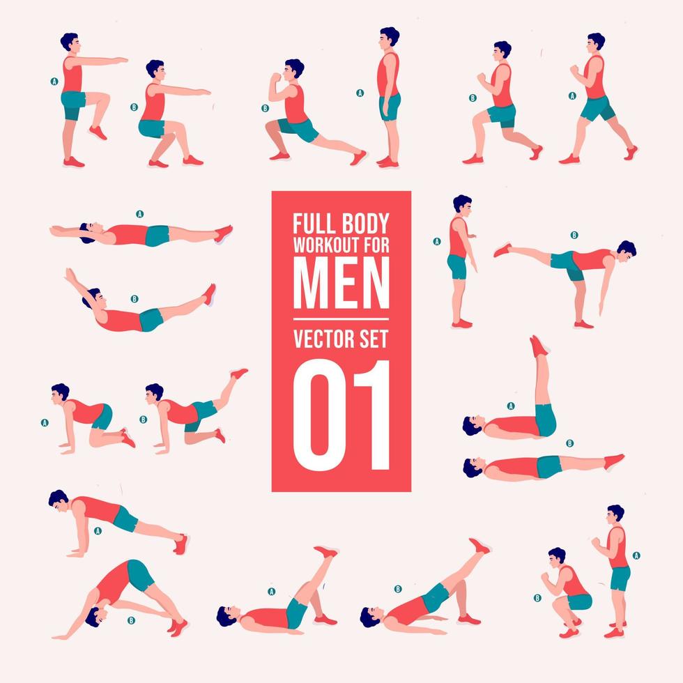 Workout men set. Male doing fitness and yoga exercises. Lunges and squats, plank and abc. Full body workout. vector