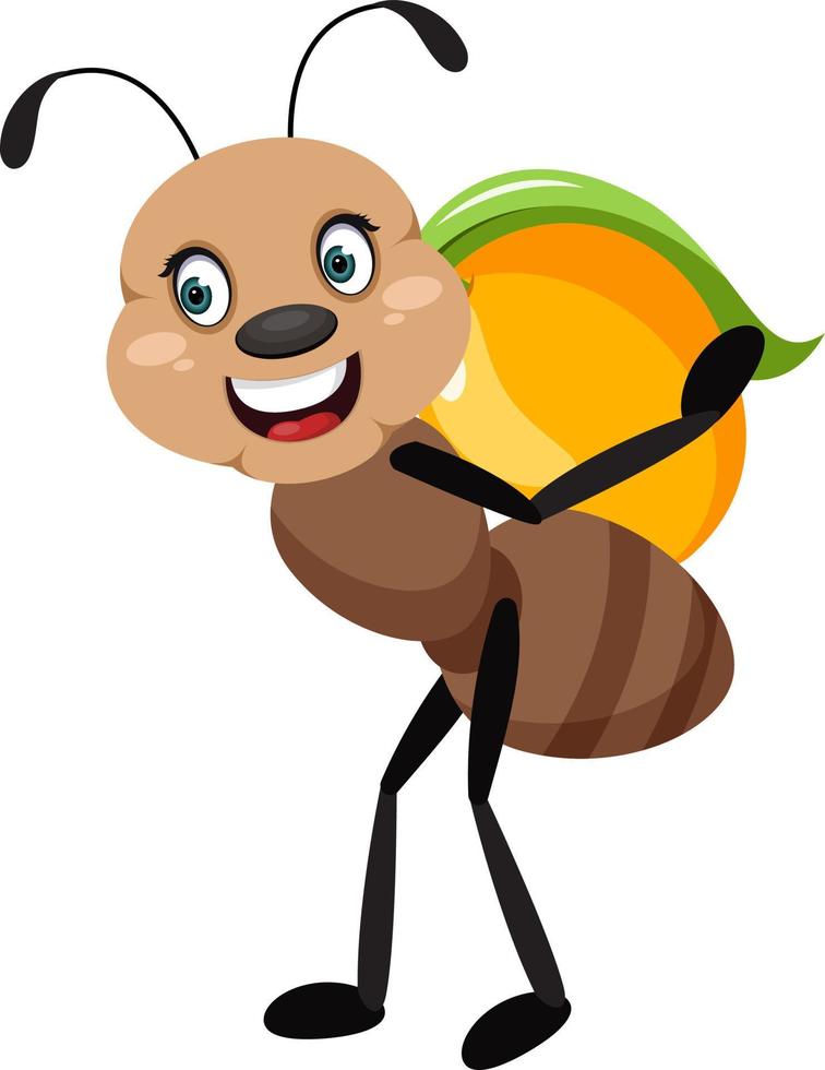 Ant with peach, illustrator, vector on white background.