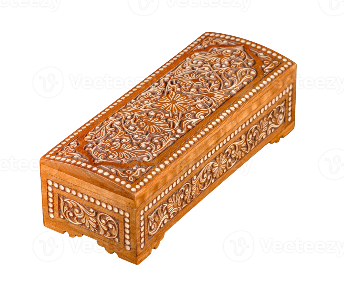 A wooden casket with traditional artistic carving, isolated png