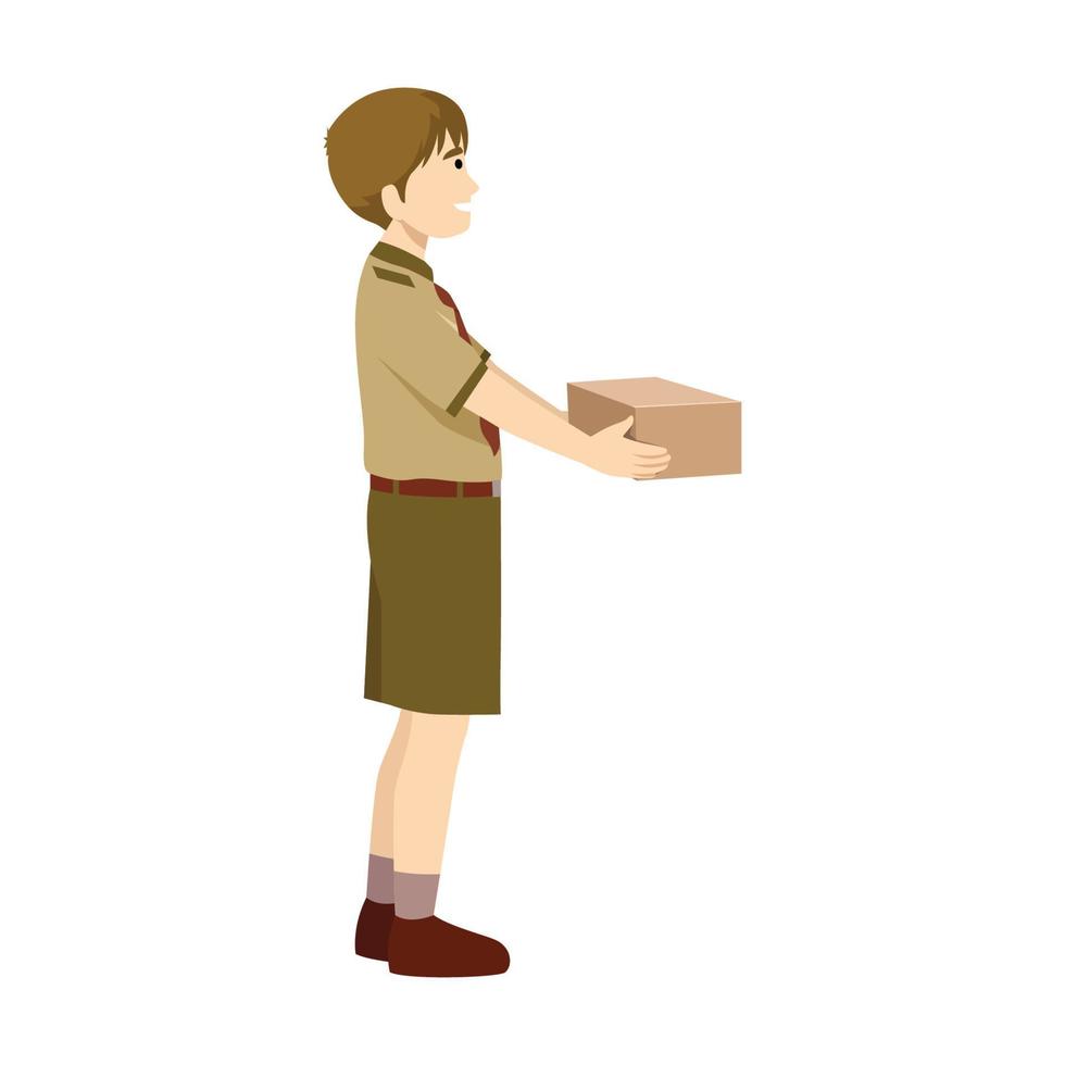 Happy young scout boy holding box for gift or present delivering mail package. Flat vector illustration isolated on white background