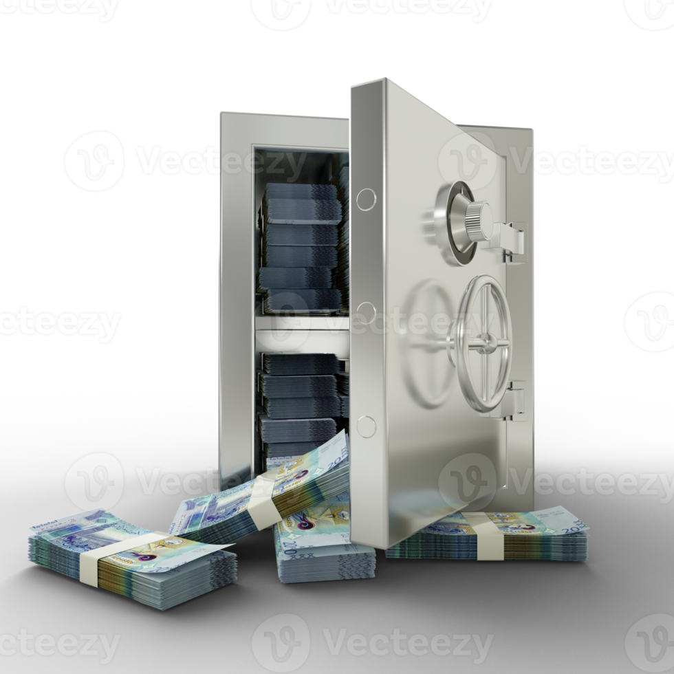 Bundles of Kuwaiti dinar in Steel safe box. 3D rendering of stacks of money inside metallic vault isolated on transparent background, Financial protection concept, financial safety. png