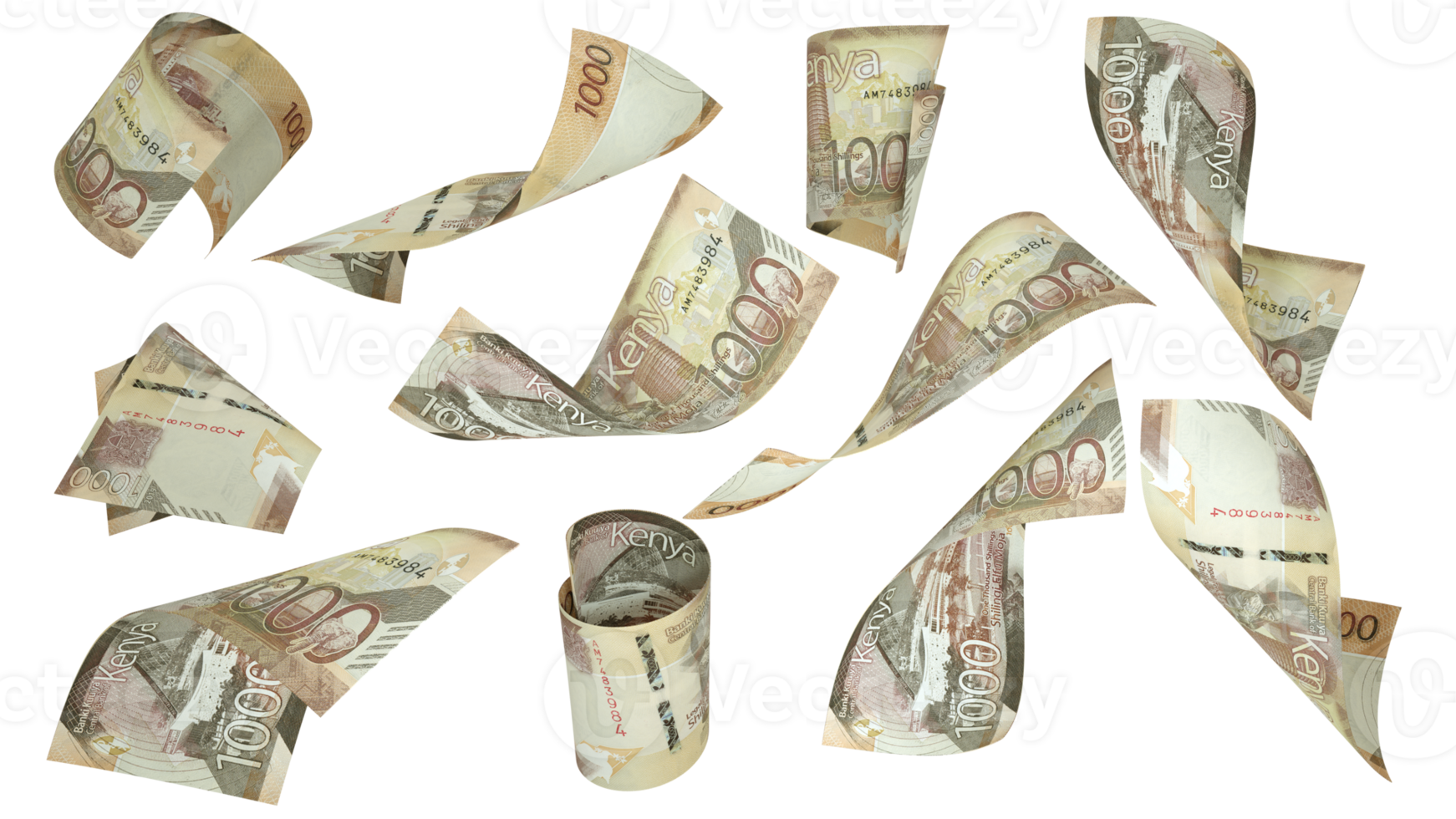 3D rendering of 1000 Kenyan shilling notes flying in different angles and orientations isolated on transparent background png