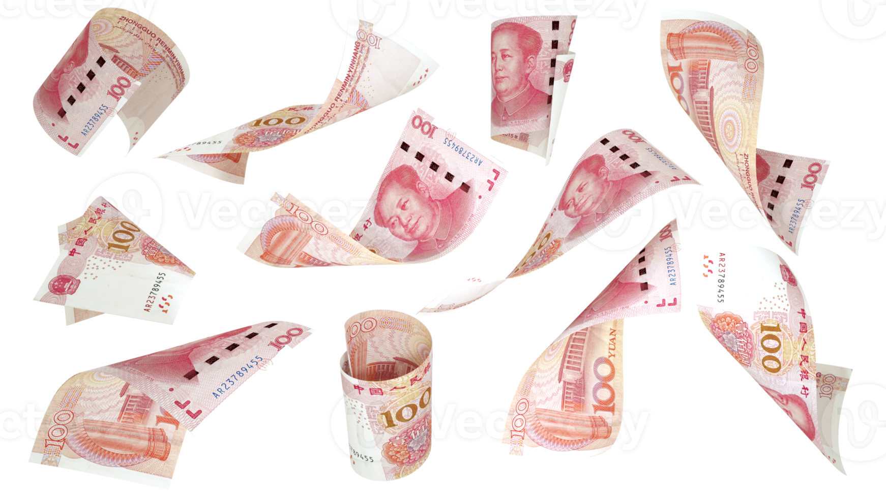 3D rendering of Chinese yuan notes flying in different angles and orientations isolated on transparent background png