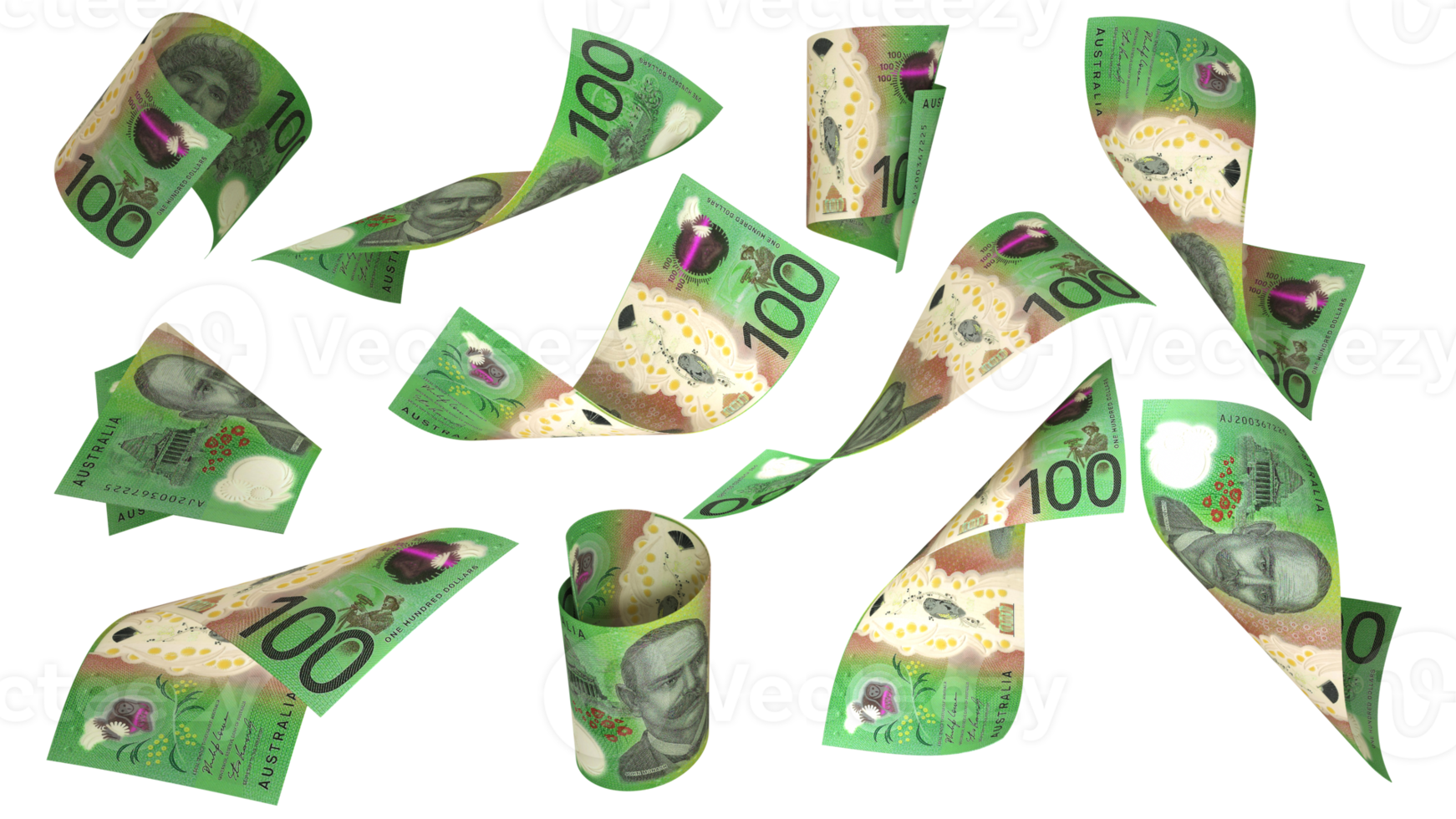 3D rendering of 100 Australian dollar notes flying in different angles and orientations isolated on transparent background png