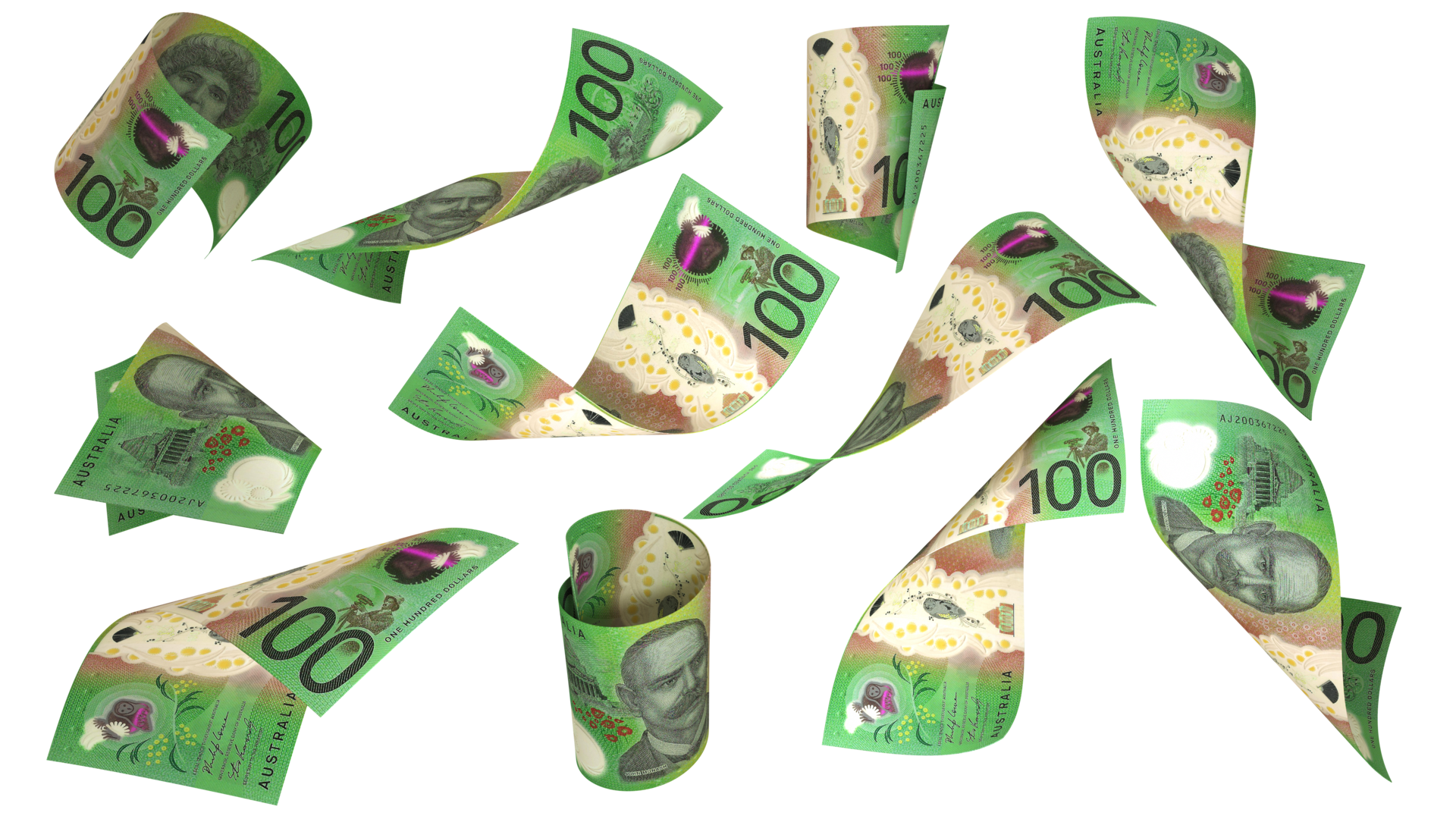 3D Rendering Of 100 Australian Dollar Notes Flying In Different Angles 