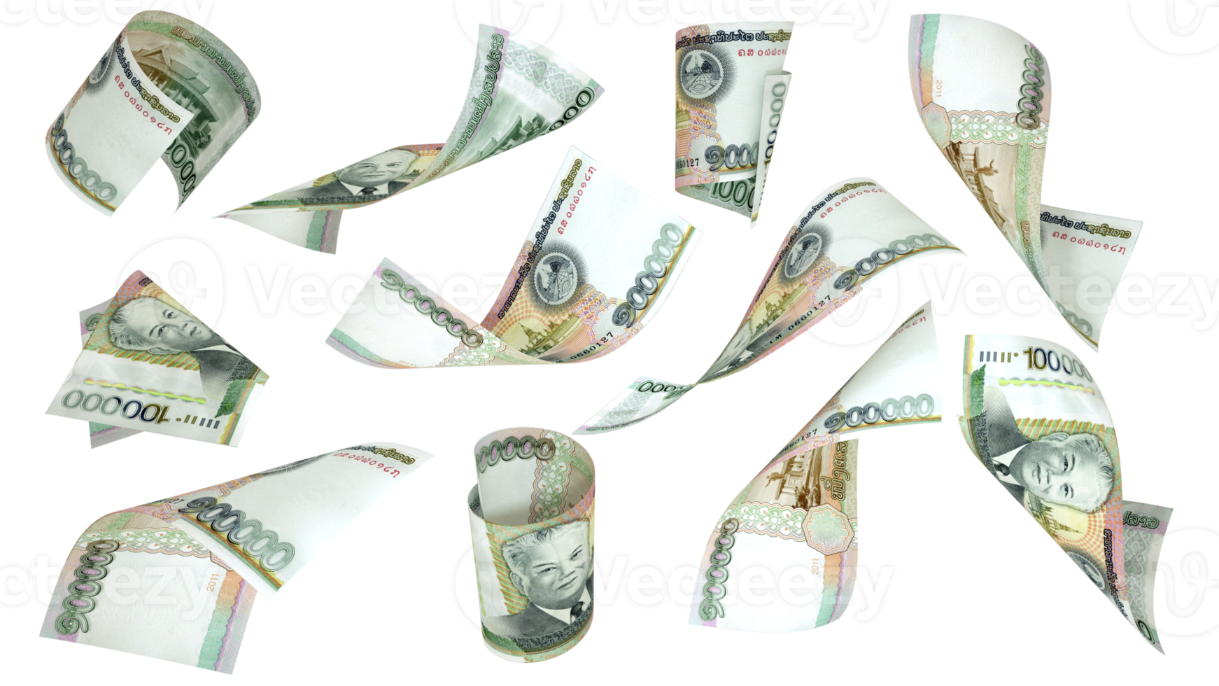 3D rendering of 100000 Laotian kip notes flying in different angles and orientations isolated on transparent background png