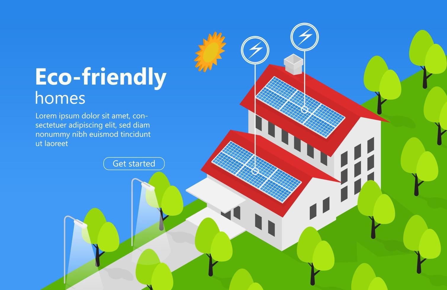 ilustración de una casa ecológica con paneles solares adecuados para la página de destino, volantes, infografías y otros activos gráficos relacionados con el vector