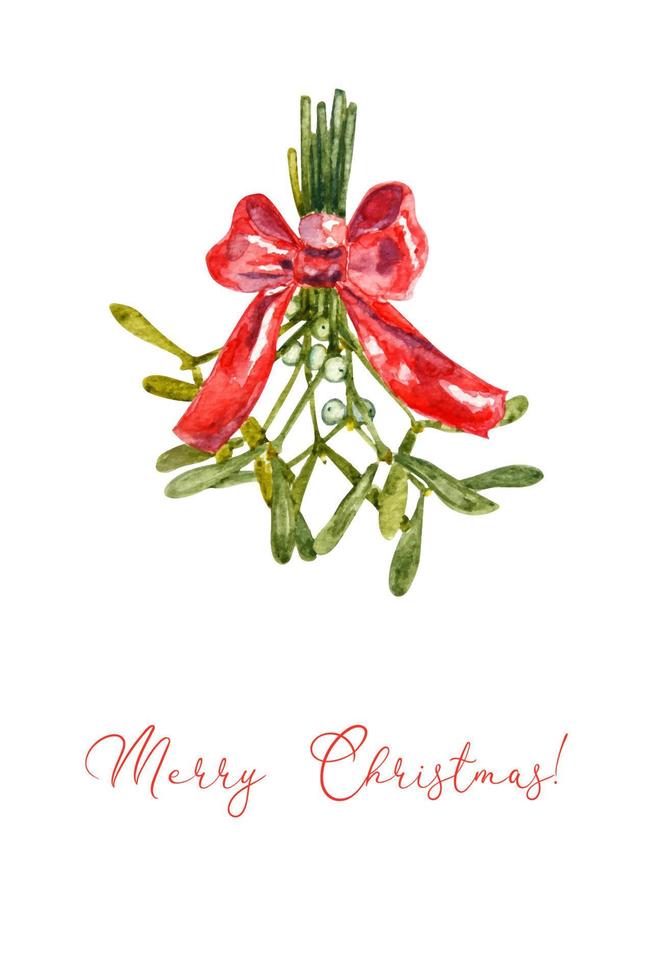 Hand drawn watercolor Christmas card with white mistletoe and a red ribbon. Cute watercolor Merry Christmas card. vector