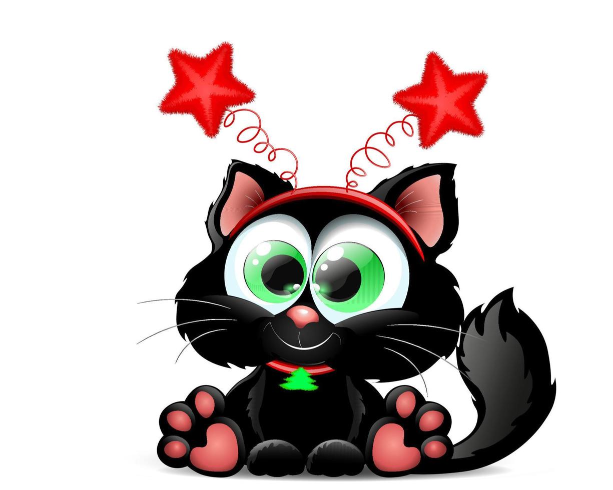 Funny black cartoon cat with fluffy star headband and little Christmas tree collar vector