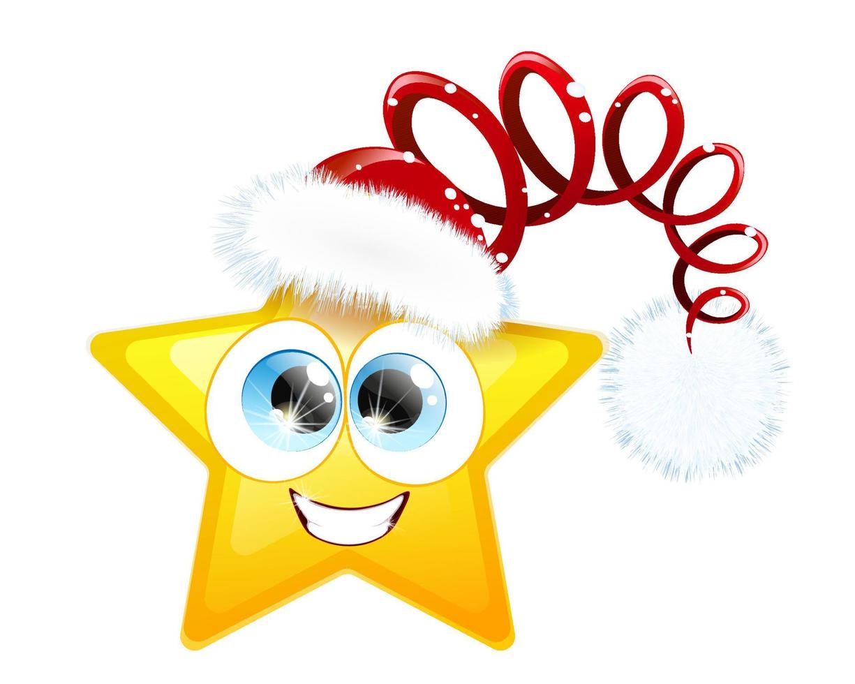 lindo, divertido, sonriente, emoji, estrella, santa claus, en, santa sombrero vector